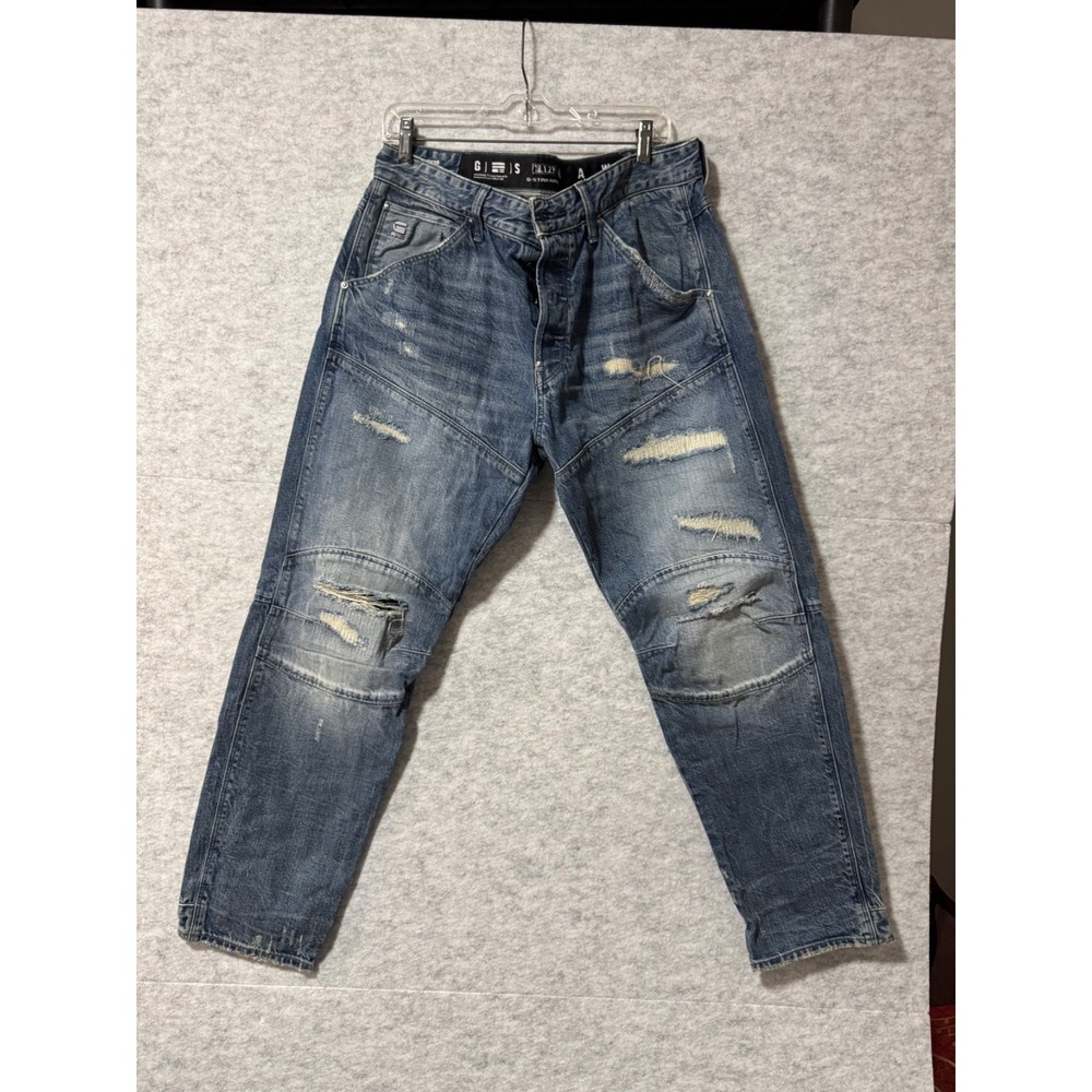 G-Star RAW 3301 Mens W30 Distressed Tapered Jeans Blue Wash Restored Denim